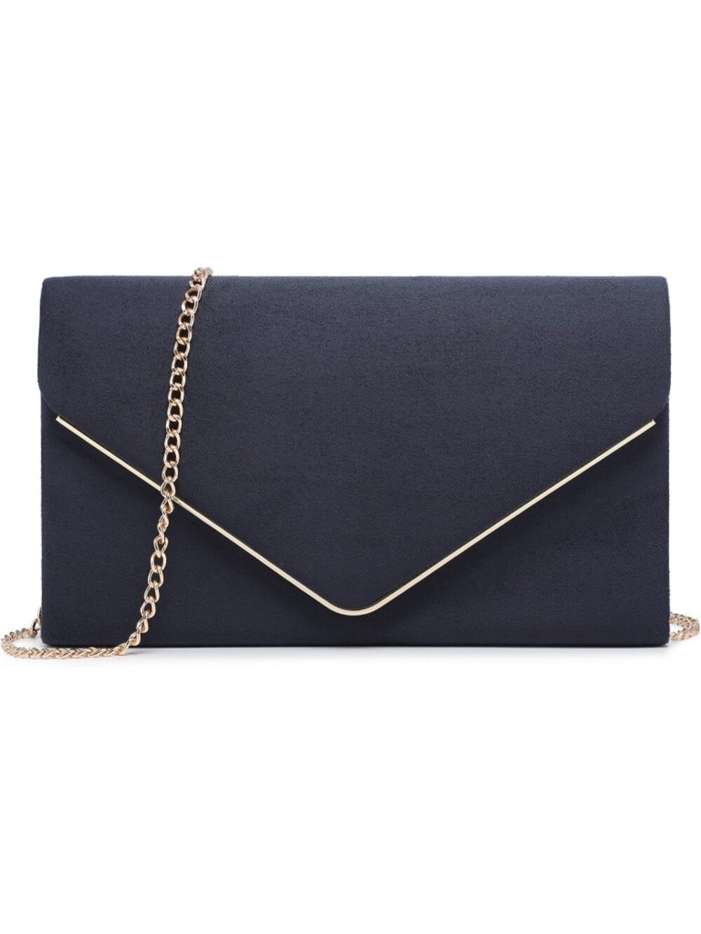 Women’s Navy Blue Faux Suede Clutch Purse Gold Chain Strap Wedding Evening Bag